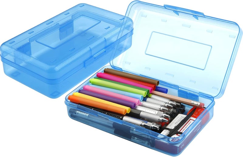 BOEIAC Pencil Box, Large Capacity Clear Pencil Case, 1 Pack Hard Pencil Case, Clear Crayon Box with Snap-tight Lid Stackable Design, Plastic Storage Box for Office Supplies, Blue - Image 1